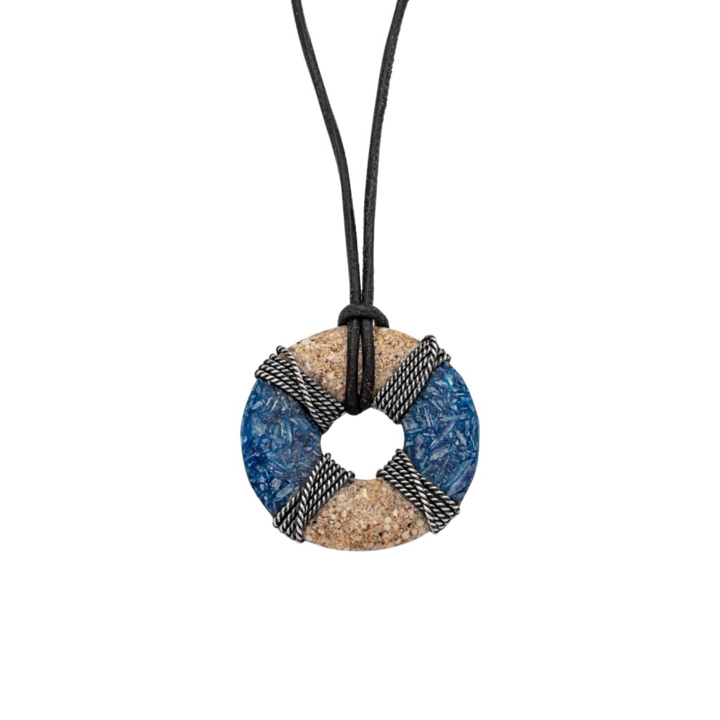 DUR Leder Kette RETTUNGSRING Strandsand Kyant Silber 925/- oxidiert 100cm K2655