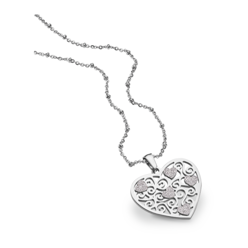 Edelstahl Collier Herz mit Glitzer Ankerkette  Silber - 45cm + 5cm - ST8-172C