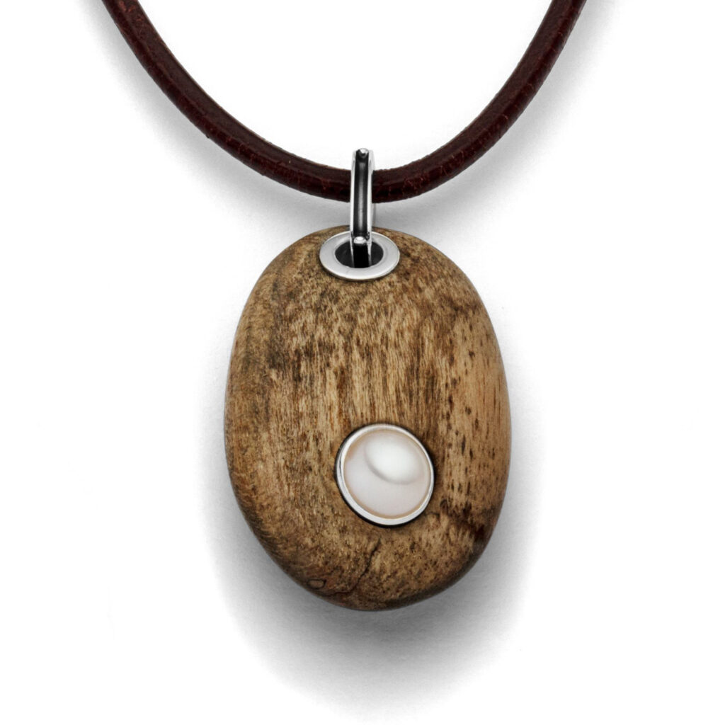 DUR Schmuck Anhänger HOLZKIESEL Treibholz mit Perle Silber 925/- P3126