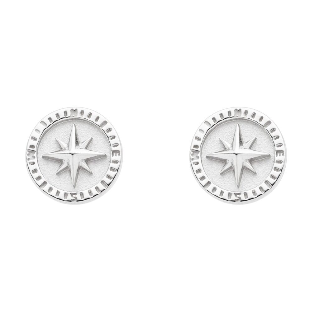 DUR Schmuck Ohrstecker KOMPASSROSE 2.0, Silber 925/- hell rhodiniert (O5448)