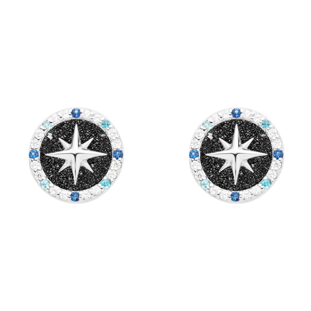 DUR Ohrstecker KOMPASSROSE 2.0 Zirkonia & Lavasand, Silber 925/- rhod. (O5451)