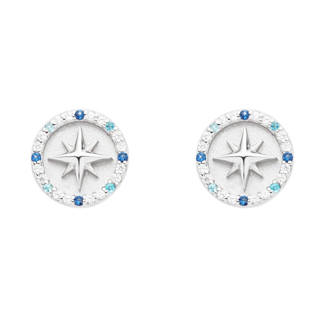 DUR Ohrstecker KOMPASSROSE 2.0 Zirkonia, Silber 925/- hell rhodiniert (O5454)