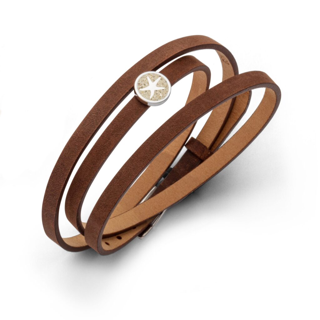 DUR Schmuck Lederarmband mit Strandsand Element, Silber 925/- 58cm (A1597) Wickelarmband