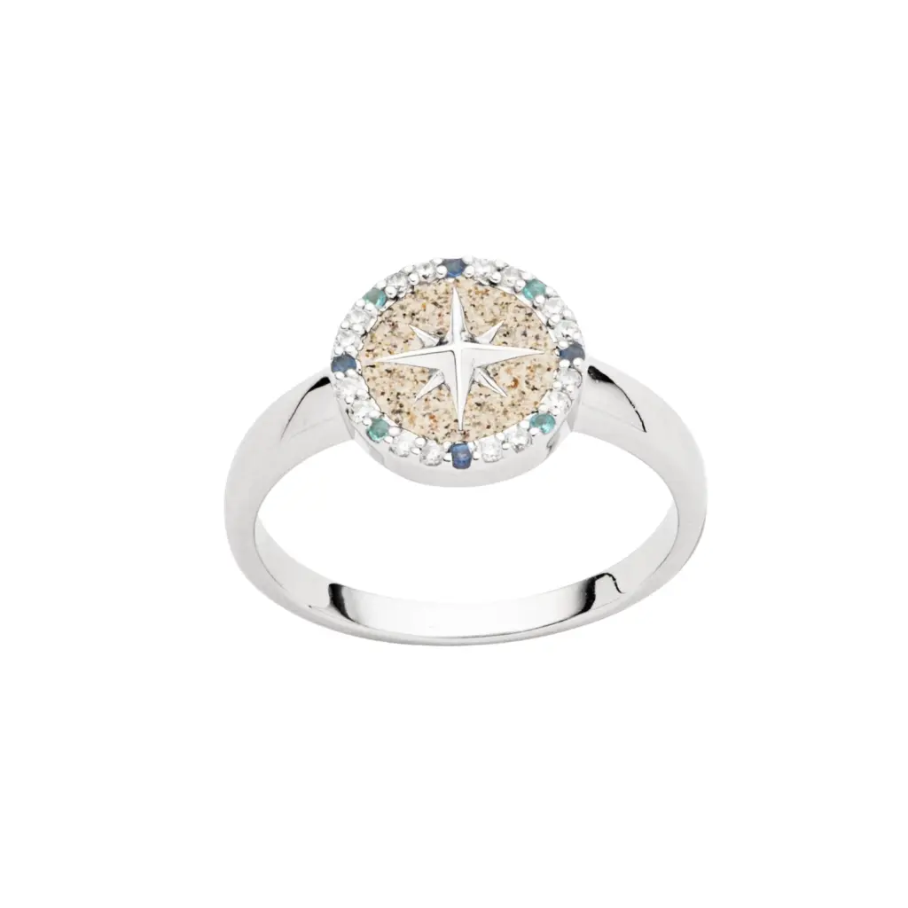 DUR Ring KOMPASSROSE 2.0 Strandsand & Zirkonia Silber 925/- rhodiniert (R5967)