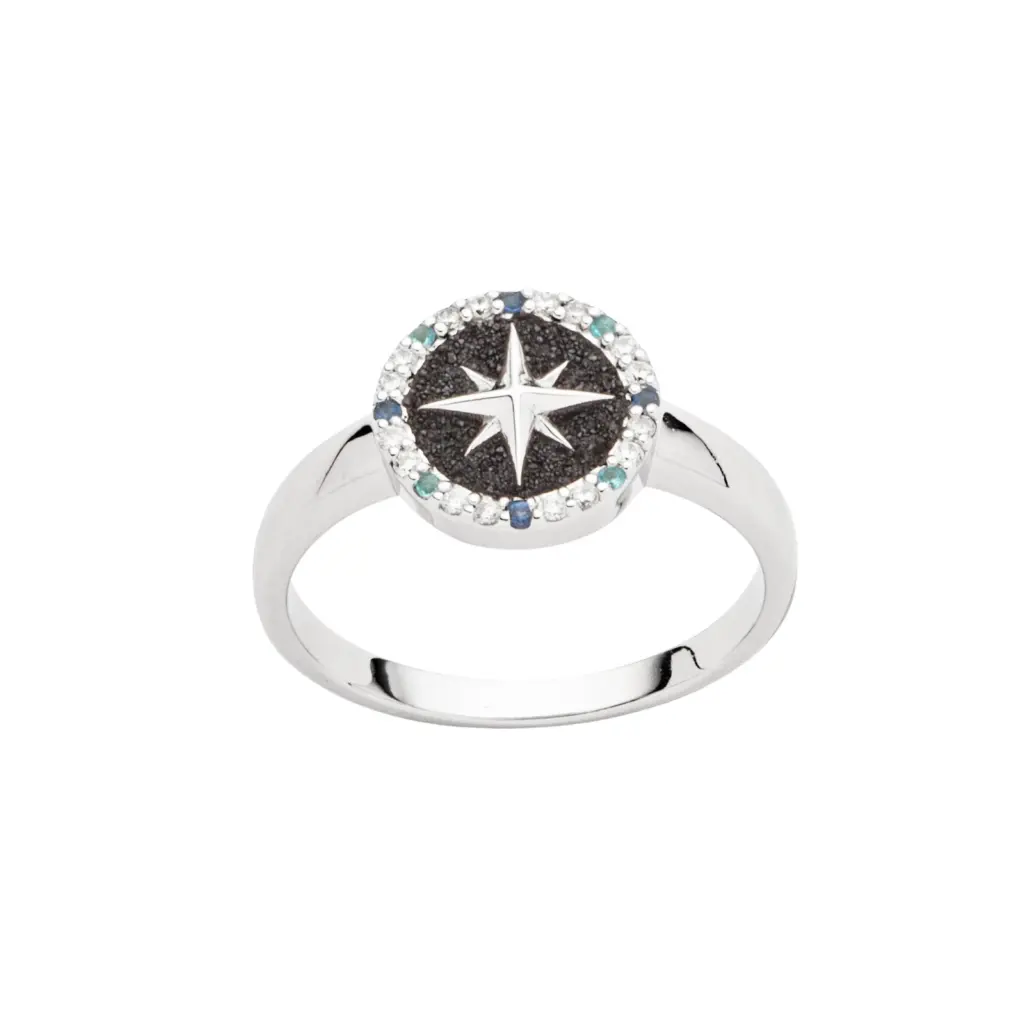 DUR Ring KOMPASSROSE 2.0 Lavasand & Zirkonia Silber 925/- rhodiniert (R5969)