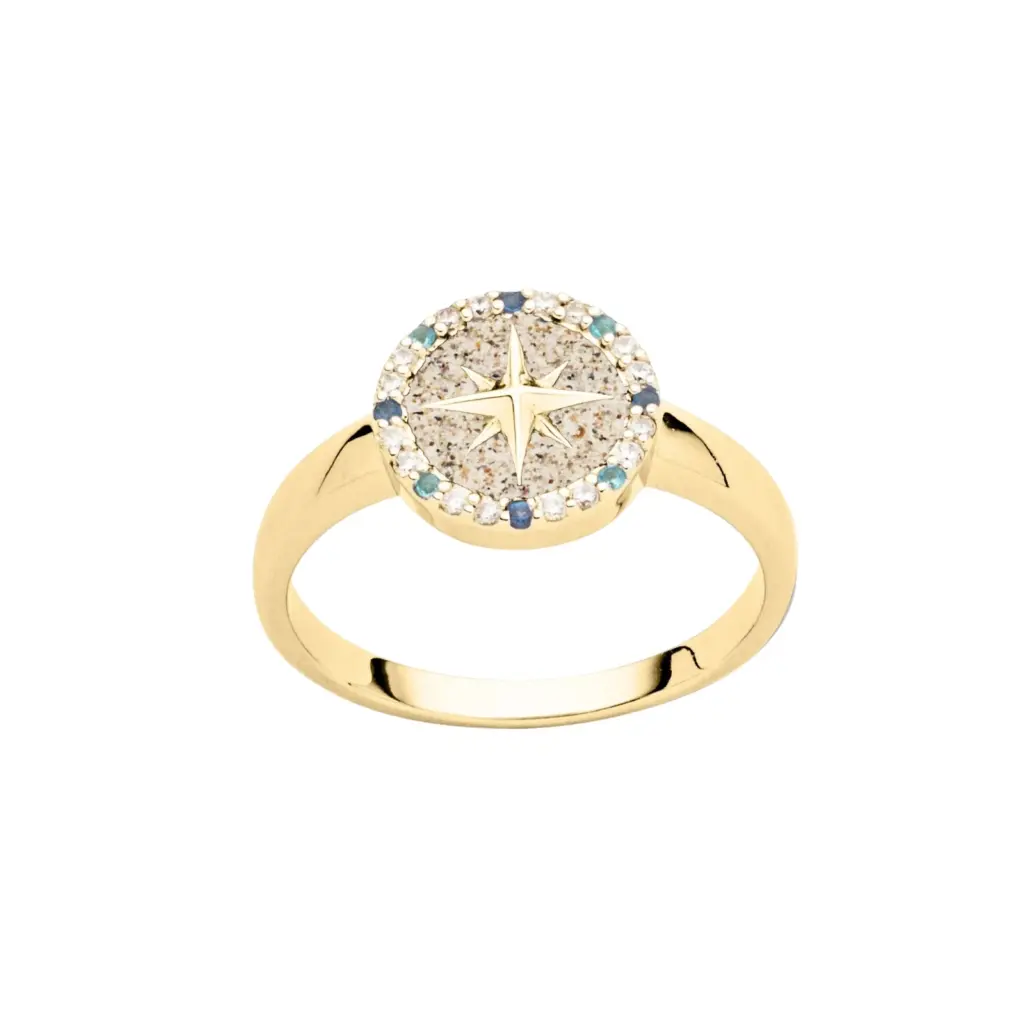 DUR Ring KOMPASSROSE 2.0 Strandsand & Zirkonia Silber 925/- vergoldet (R5968)