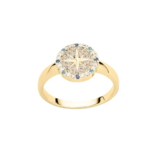 DUR Ring KOMPASSROSE 2.0 Strandsand & Zirkonia Silber 925/- vergoldet (R5968)